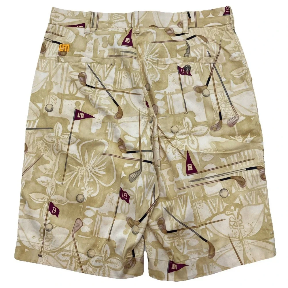Loud‎ Mouth Golf Shorts Allover Print Hawaiian Golf Clubs Tan Size 34